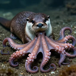 a medium shot wildlife photograph of an otter hybridised with an octopus, many suckered tentacles. hybrid, david attenborough, detailed.