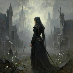 female dwarven blacksmith at the city square of the dwarven megacity of streams and flowers, located between the mountains. oil painting by award - winning visual concept artist, gothic horror, impressionism, depth of field, backlighting, minimalism