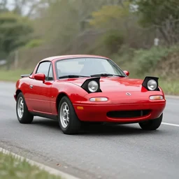 105mm photo of car full view mid distance photograph red Mazda Miata parked on street from 1975