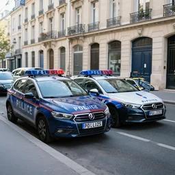 a photo of several french police cars parked in a paris street in the morning