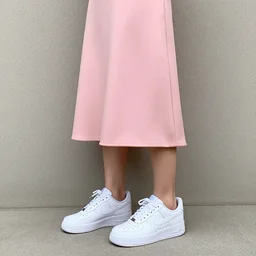 same image but only one person in it, full body shot in a pink dress, nike air force 1 sneakers