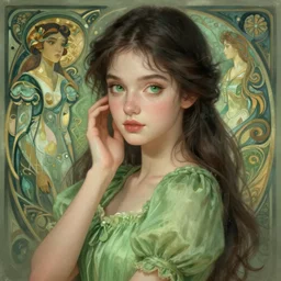 portrait of a young woman in a simple green dress, dreamy and ethereal, expressive pose, big green eyes, peaceful expression, ornate dress, fantasy, intricate, elegant, highly detailed, digital painting, artstation, concept art, smooth, sharp focus, illustration, art by artgerm and greg rutkowski and alphonse mucha