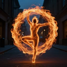 fire shaped like a dancing human, in a dark street, award winning photo