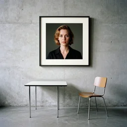 kodak portra 4 0 0, 8 k, highly detailed, britt marling style, award winning colour still - life portrait of a rough concrete wall, a large square pictureframe is hanging on this wall. a minimalistic 1 9 6 0 s table and a minimalistic 1 9 6 0 s chair on the floor, 1 9 2 0 s minimalism style, wide angle shot