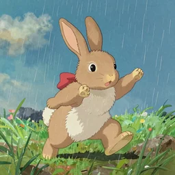 a lop rabbit, standing up, in a colorful rain, by studio ghibli painting, by Joaquin Sorolla rhads Leyendecker, An aesthetically pleasing, dynamic, energetic, lively, well-designed digital art,by Susan Windsor, by Ohara Koson and Thomas Kinkade, traditional Japanese colors, superior quality, masterpiece