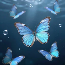 ethereal! pale blue shining butterflies comercial hd underwater bubbles! photography digital art animation 3 d