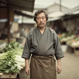 Portrait of a 19th century Japanese vegetable trader at a Kyoto street market, 1900s photography