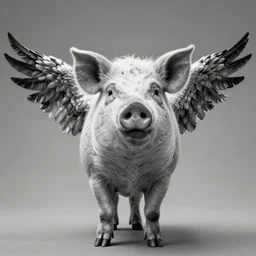Black and white photograph of a pig with horns and four wings, highly detailed, uncanny, eerie, weird, mysterious, strange, bizarre