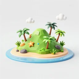 low poly beach level view render of a beautiful colourful little tropical island in an azure ocean, flowers, trees, animals birds