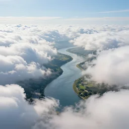 “fluffy cloudscape floating above a winding river”