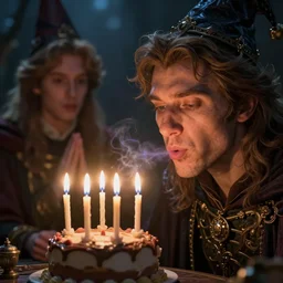 a wizard blowing out birthday candles with magic, art by artgerm and greg rutkowski and alphonse mucha, concept art, octane render, unreal engine 5, highly detailed, high quality, 8 k, soft lighting, realistic face, path traced