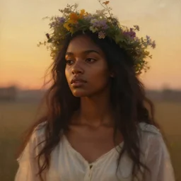 oil painting close up portrait of a serene young black woman with long dark flowing hair in a white dress, wearing a crown of wildflowers!! at sunset, hazy, digital art, chiaroscuro, artstation, cinematic, golden hour, digital art painting by greg rutkowski, william - adolphe bouguereau, hazy atmosphere, cinematic lighting