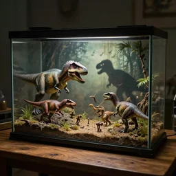 a closed terrarium of jurassic animals on a wooden table, action scene, an epic fantasy, dramatic lighting, cinematic, extremely high detail, photorealistic, cinematic lighting, artstation, by simon stalenhag, shadow of the tomb rider