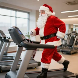 santa claus on a treadmill trying to lose weight for summer time