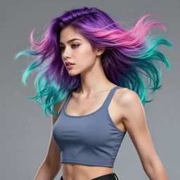a award winning half body porttrait of a beautiful woman in a croptop with ombre purple pink teal hairstyle with head in motion and hair flying, outrun, vaporware, shaded illustration, digital art, trending on artstation, highly detailed, fine detail, intricate