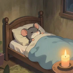 A fuzzy little mouse sleeping in a small bed and covered by a blanket, cozy room, candle lighting, extra detailed, digital illustration, by Makoto Shinkai and thomas kinkade, digital painting, Matte painting, trending on artstation and unreal engine