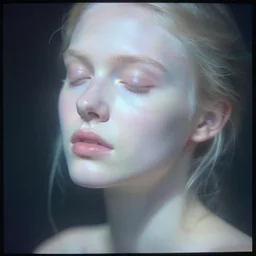 out of focus photorealistic portrait of a beautiful pale young woman by sarah moon, visualized on a cathodic screen, very blurry, translucent white skin, closed eyes, foggy, closeup