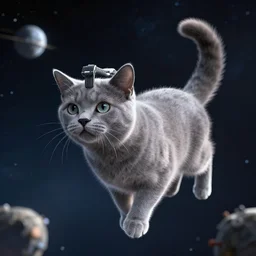 a Russian blue cat floating in outer space, photorealistic, octane render, blender cycles engine, 4k ultra hd, HDR, detailed