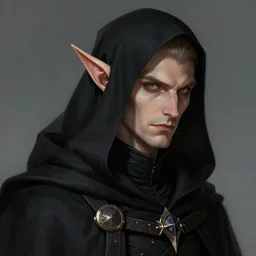 portrait of a mysterious and cunning male high elf inquisitorial agent wearing a black hooded agent's cloak, by Raymond Swanland Greg Rutkowski Lise Deharm, pointed elf elf elf ears, intricate, masterpiece, sharp, digital art, ArtStation, CGStation, 8k