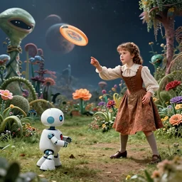 detailed, sharp, a boy and a girl playing frisbee with their cute pet humanoid robot, wearing 1850s era clothes, in the garden with strange alien plants and flowers, on a strange alien planet, extremely highly detailed, 70 mm action still from a classic period sci fi color movie, 8k, HD, cinematic lighting