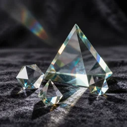 glass prisms laying on velvet, chromatic aberration, light rays