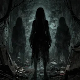 a cursed shadow people with adhd - ip stands in her messy. folk horror. detailed.