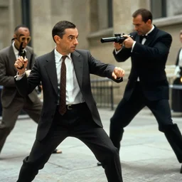 mr bean from 1 9 9 0 s as james bond in an action scene fighting a villain, professional photography, 8 k, cinematic