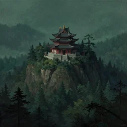 a mystic temple on a mountain surrounded by a forest, mysterious matte painting by ruan jia and craig mullins, trending on artstation