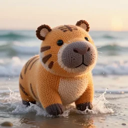 a closeup photorealistic photograph of a cute smiling knitted tiger hippopotamus splashing in the surf at sunset. waves in background. professional capture. brightly lit scene. this 4 k hd image is trending on artstation, featured on behance, well - rendered, extra crisp, features intricate detail, epic composition and the style of unreal engine.