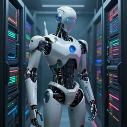 robot cyborg in data center concept art, trade on artstation, sharp focus, psychedelic, by yoshitaka amano, mark ryden, gloom, peter mohrbacher, fantasy art, masterpiece, hyperrealism. subsurface scattering. octane render. weirdcore