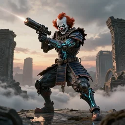 portrait of a diabolical cyborg clown samurai armed with ion launcher, torn cape, dynamic pose, glowing eyes, ancient ruins, glowing veins subsurface scattering, in clouds, sunset, portrait, by gerald brom, by mikhail vrubel, by peter elson, muted colors, extreme detail, reflections, trending on artstation, 8 k