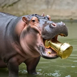 a hippopotamus with a golden trophy in its mouth. photograph.