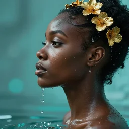 hyperrealistic precisionist cinematic profile very expressive! black oshun goddess, in water! up to shoulders, mirror dripping droplet!, gold flowers, highly detailed face, digital art masterpiece, smooth jason limon cam de leon, dramatic pearlescent turquoise light on one side, low angle uhd 8 k, shallow depth of field