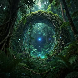 intergalactic stargate portal in the middle of a dense jungle, with vines and creepers wrapping around it, and strange glowing lights emanating from it by thomas kinkaid