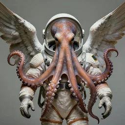 close-up of a biblical angelic octopus wearing a spacesuit, second coming, centered, portrait by Greg Hildebrandt, studio lighting, muted colors, by Terry Richardson, by Leonardo DaVinci, by Beeple, ultrarelistic, extreme detail, caustics, trending on Artstation, 8K, octane renderer, rtx on