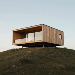big modern wooden cabin on top of a large hill, artstation, jakub rozalski