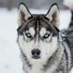 A husky puppy with two different colored eyes, snowy environment, detailed close-up, 4k photo