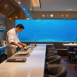 michelin star restaurant interior, kitchen pass an underwater view of pristine seas with fish shoals