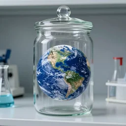 a laboratory, jar on a shelf, inside the jar is the planet earth