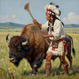 a highly detailed matte action painting of an american native sioux hunting buffalo, in the style of greg rutkowski and remedios varo, ultra realistic, detailed, intricate, full of color, 4 k, hyperrealistic, focused, extreme details, masterpiece