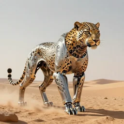 leopard robot android in the middle of the desert, matte metal and chrome :: by beeple and James Gilleard and Justin Gerard :: ornate, dynamic, particulate, intricate, elegant, highly detailed, centered, artstation, smooth, sharp focus, octane render, 3