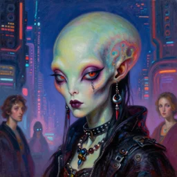 close up portrait of a fractal punk goth alien martian girl in a fluorescent cyberpunk futuristic city, oil painting by canaletto hieronymus bosh leonardo da vinci piero della francesca botticelli
