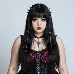 a slightly chubby cuban goth girl with long bangs, punk, mall goth, intricate decoration, aesthetic
