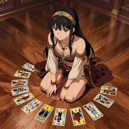 Digital anime art by WLOP and Mobius, A beautiful gypsy woman, kneeling on floor, polished wooden floorboards, Tarot cards on floor in front of the woman, highly detailed, intriguing lighting