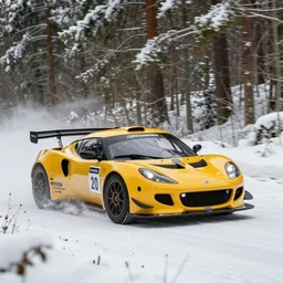 a 2 0 1 0 lotus evora type 1 2 4 endurance race car, racing through a rally stage in a snowy forest