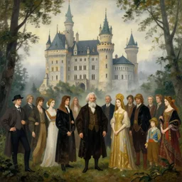 outside a beautiful castle, misty forest, mysterious + katsuhiro otomo and ilya repin and caspar david friedrich and lawrence alma - tadema and moebius and james jean and loish and lya kuvshinov + mike jordana, konstantin porubov, valeriy vegera, golden ratio + rule of thirds, hypermaximalist, painterly, elegant +