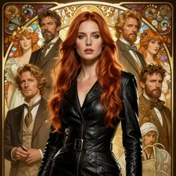 sargent, leyendecker, greg hildebrandt, highly detailed portrait of a woman with long auburn hair, black leather, stephen bliss, unreal engine, by greg rutkowski, loish, ferdinand knab, ilya kuvshinov, rossdraws, tom bagshaw, alphonse mucha, global illumination, radiant light, detailed and intricate environment