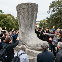 a cult gathered around a large stone statue of a!!! boot!!! of a!!! boot!!!