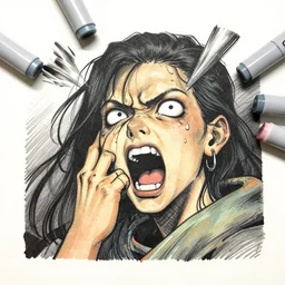 expressive and disturbing, black ink & copic markers, vibrant muted colors, graphic still of [ a venom parasite infested ] [ lara croft ], by ( arthur adams ), by ( tom bagshaw ), by henry asencio, by kikuchi hideyuki