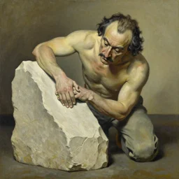 man carving himself out of stone, oil on canvas by salvador dali